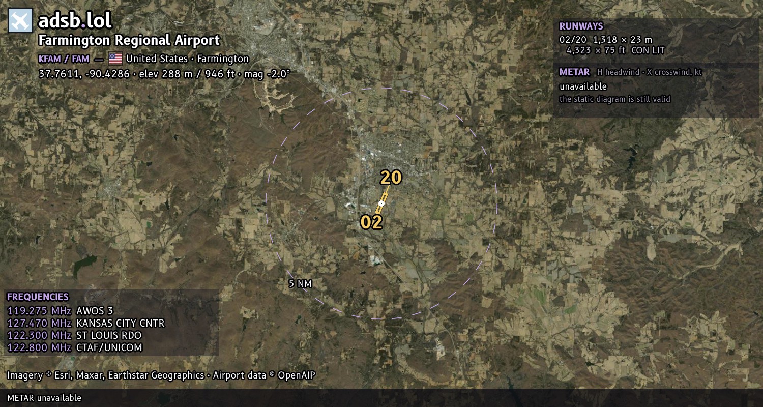 Satellite map with the runway layout of Farmington Regional Airport (KFAM)