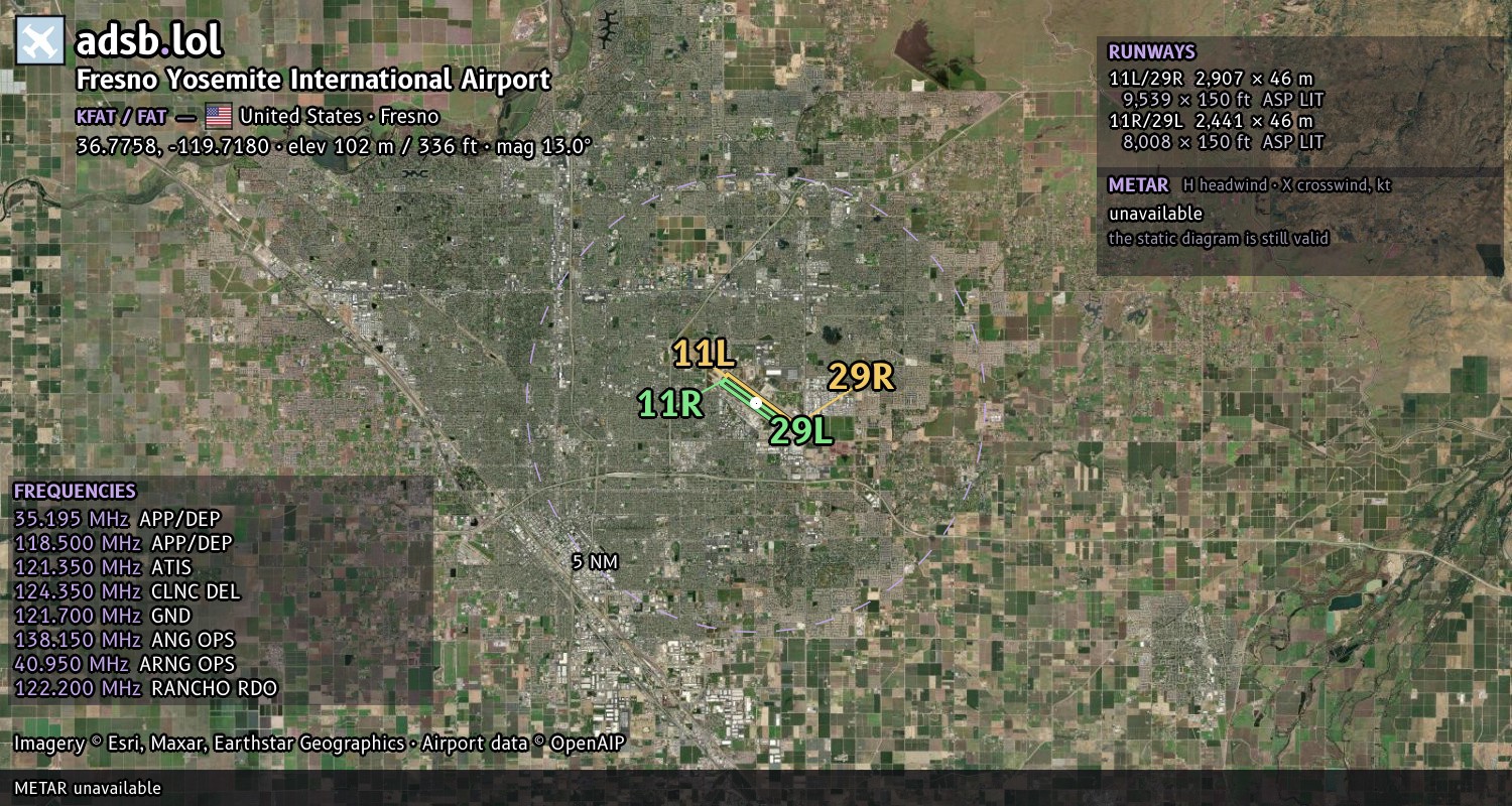 Satellite map with the runway layout of Fresno Yosemite International Airport (KFAT)