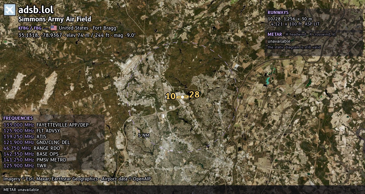 Satellite map with the runway layout of Simmons Army Air Field (KFBG)