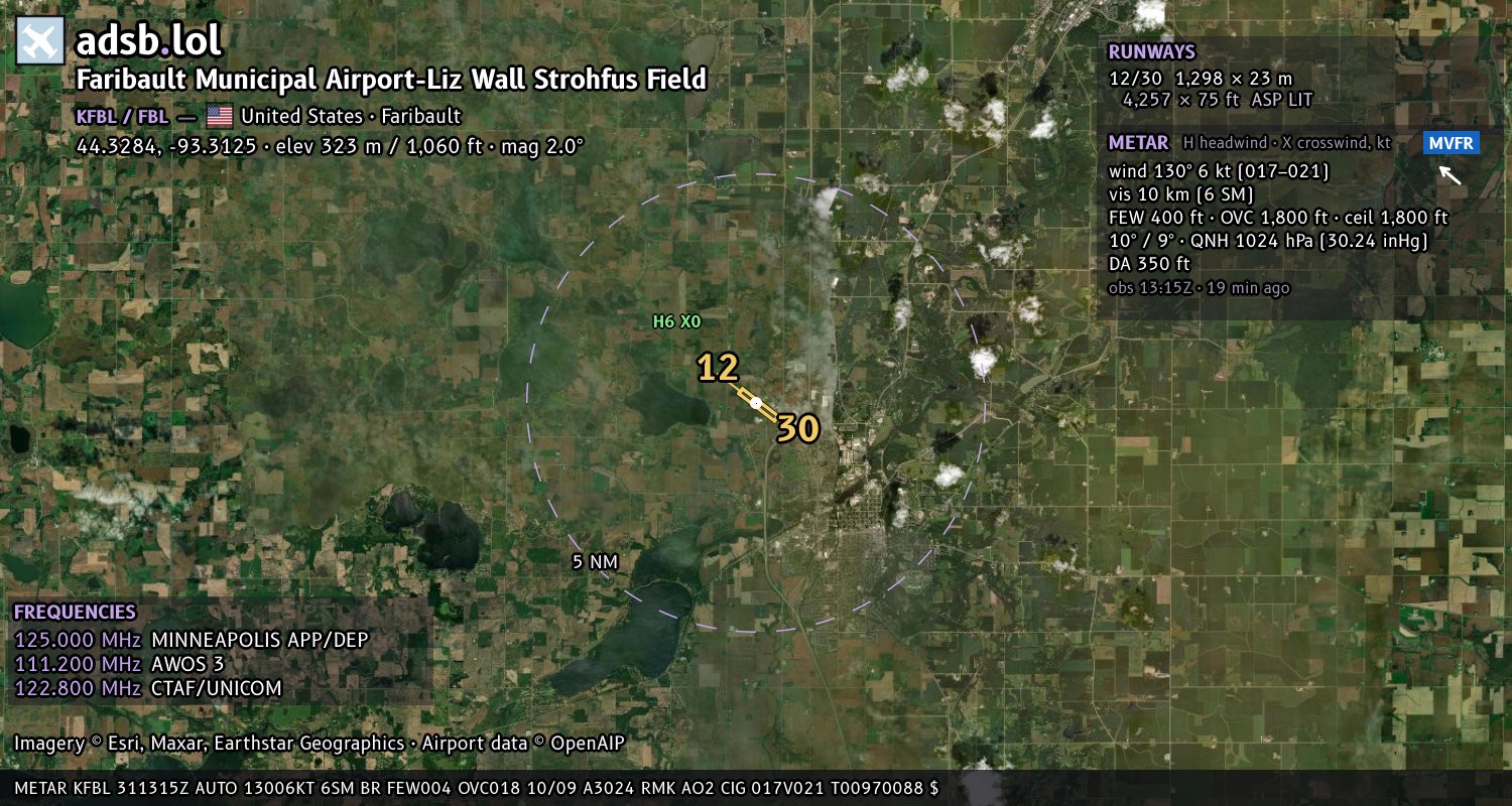 Satellite map with the runway layout of Faribault Municipal Airport-Liz Wall Strohfus Field (KFBL)