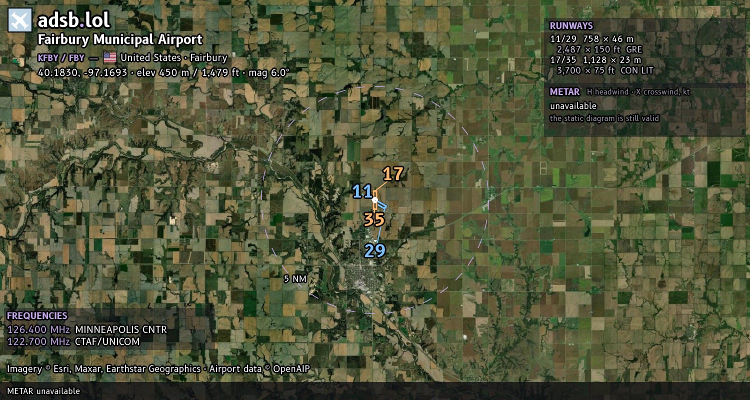 Satellite map with the runway layout of Fairbury Municipal Airport (KFBY)