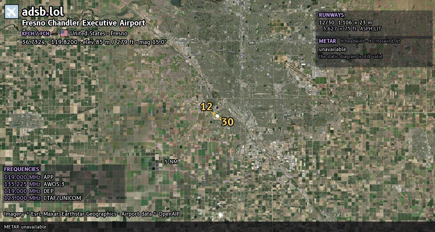 Satellite map with the runway layout of Fresno Chandler Executive Airport (KFCH)
