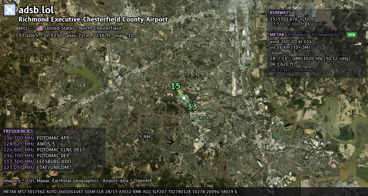 Satellite map with the runway layout of Richmond Executive-Chesterfield County Airport (KFCI)