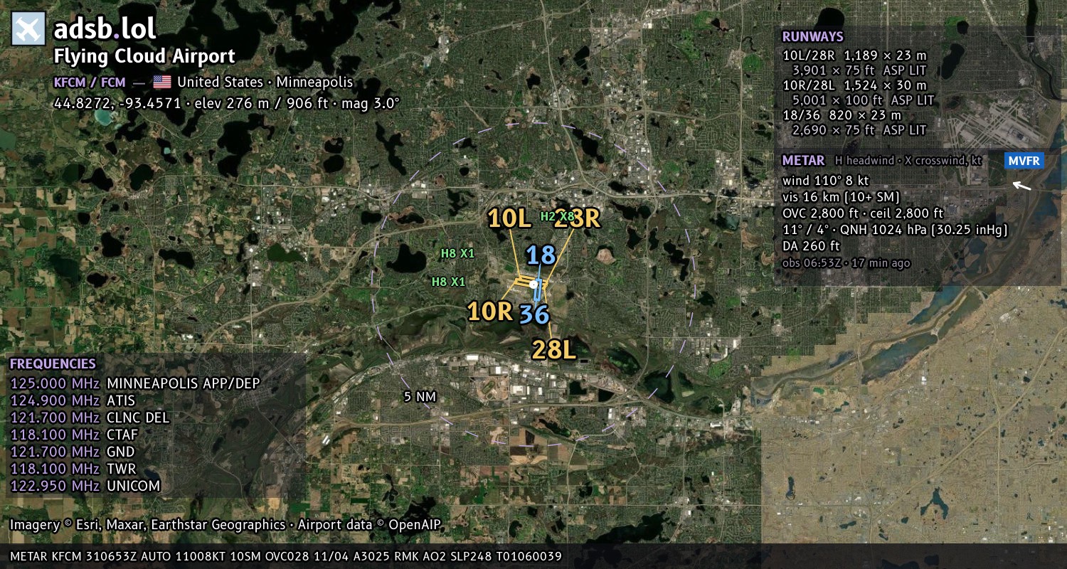 Satellite map with the runway layout of Flying Cloud Airport (KFCM)