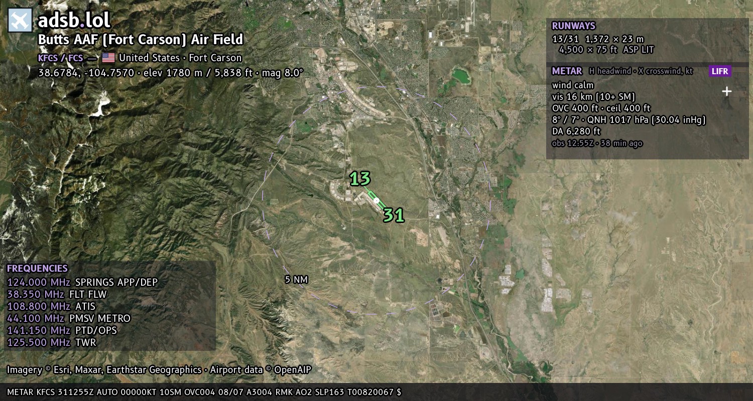 Satellite map with the runway layout of Butts AAF (Fort Carson) Air Field (KFCS)