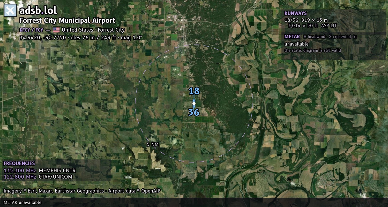 Satellite map with the runway layout of Forrest City Municipal Airport (KFCY)