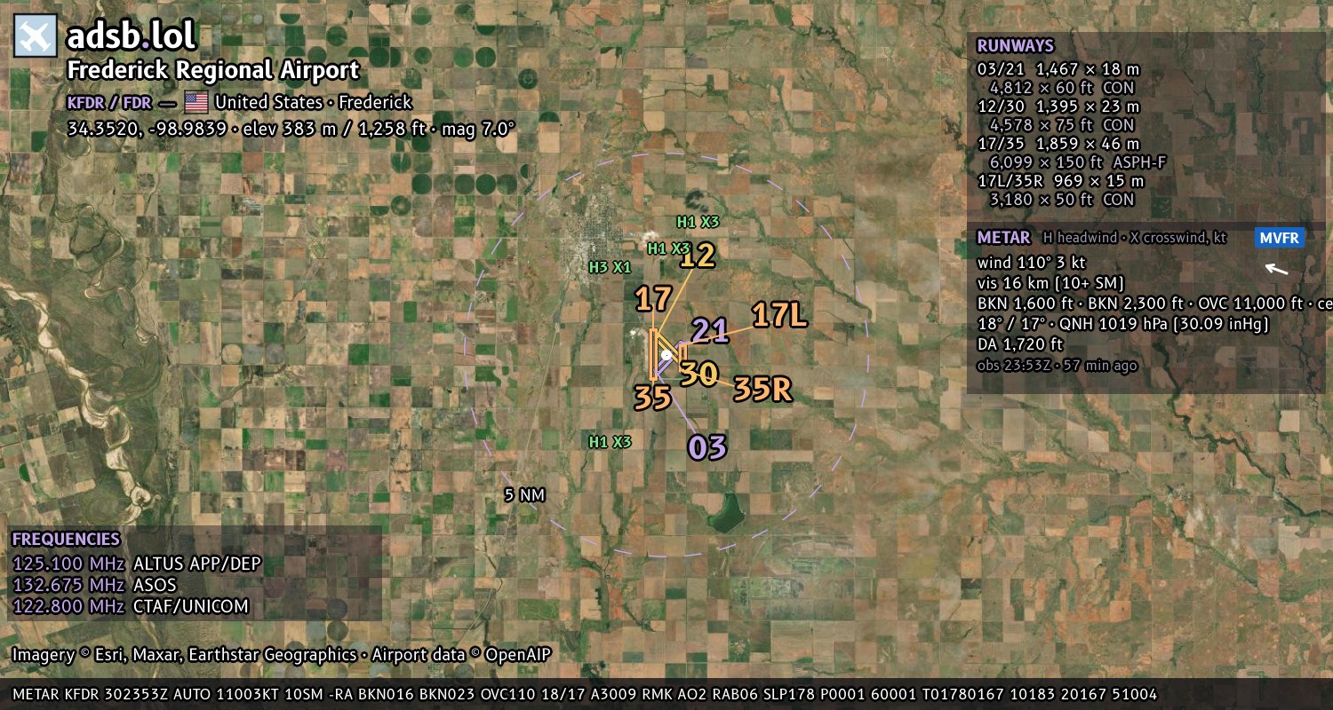 Satellite map with the runway layout of Frederick Regional Airport (KFDR)