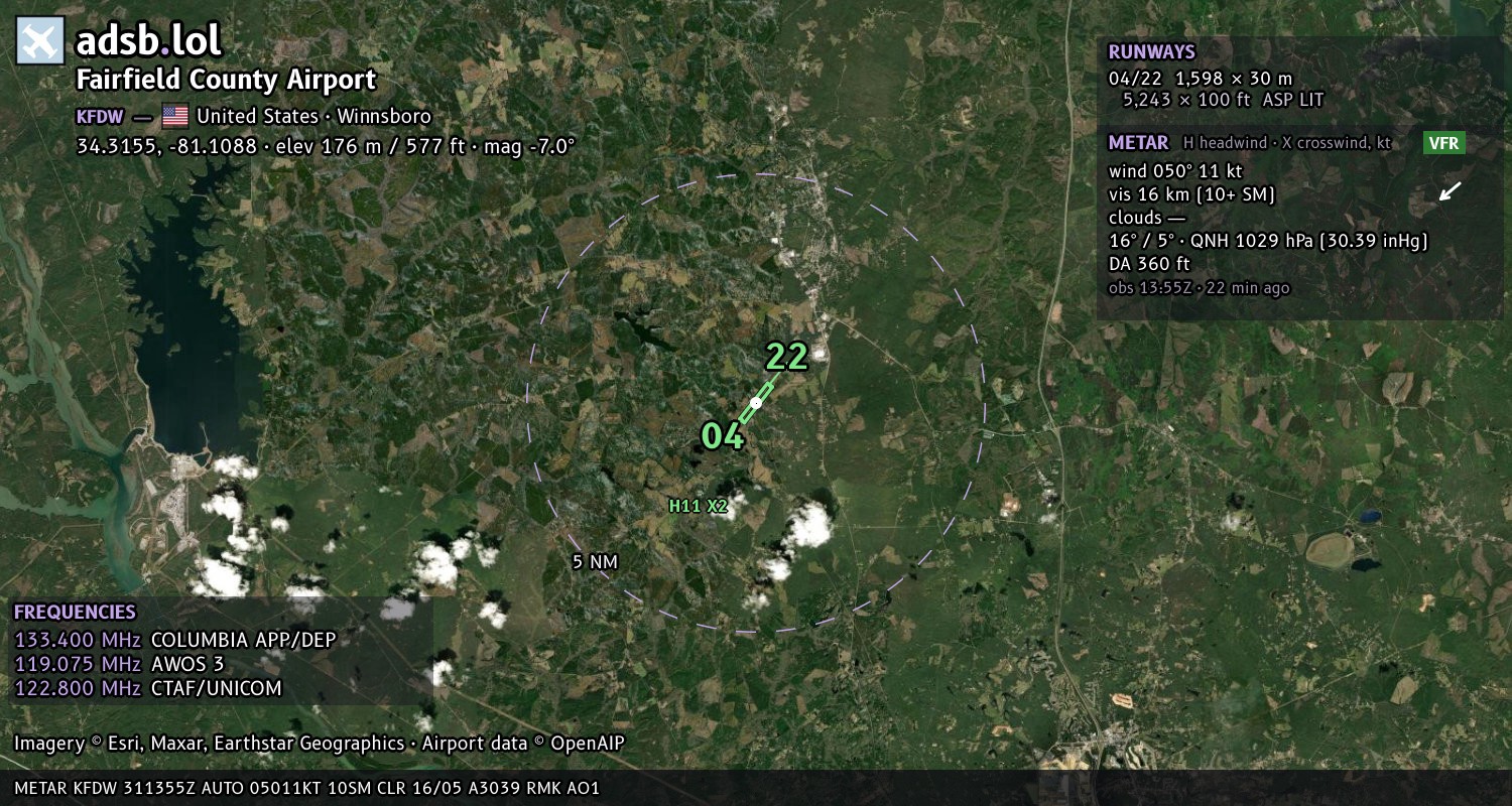 Satellite map with the runway layout of Fairfield County Airport (KFDW)