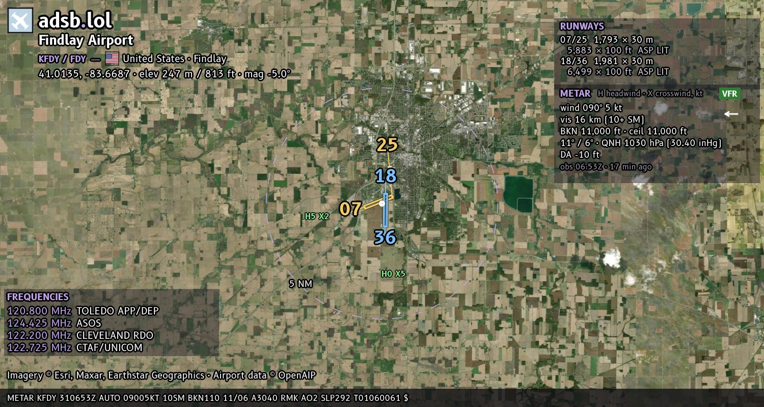 Satellite map with the runway layout of Findlay Airport (KFDY)