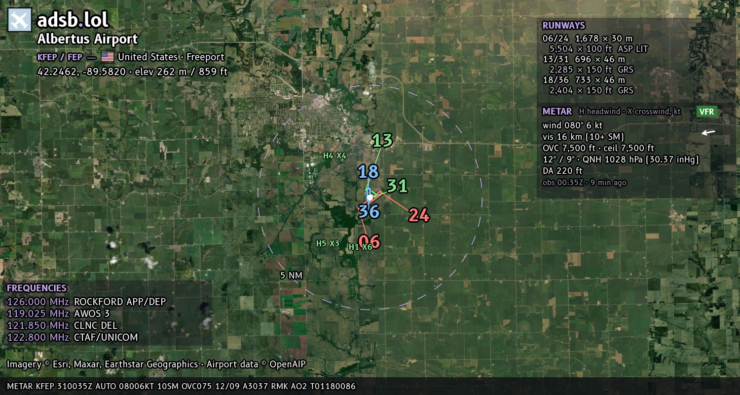 Satellite map with the runway layout of Albertus Airport (KFEP)