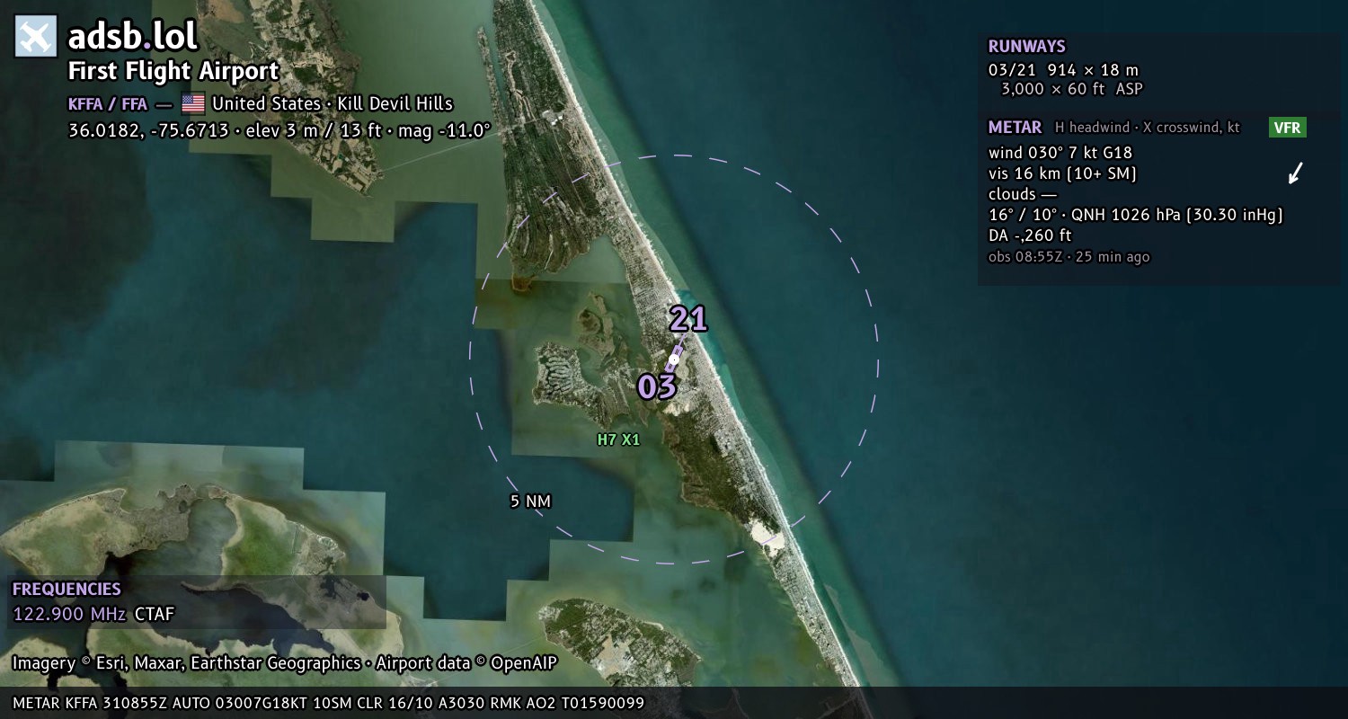 Satellite map with the runway layout of First Flight Airport (KFFA)