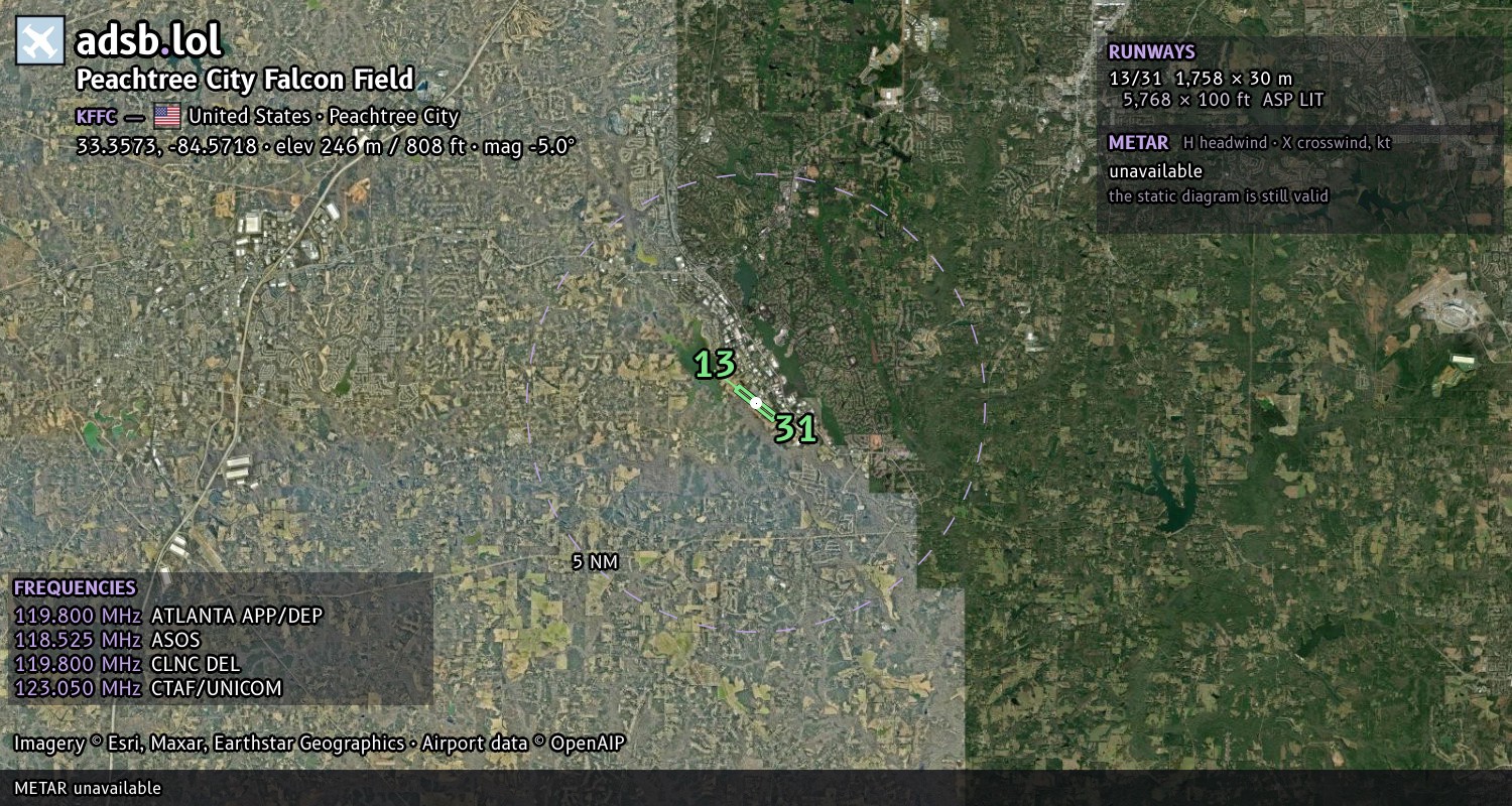 Satellite map with the runway layout of Peachtree City Falcon Field (KFFC)