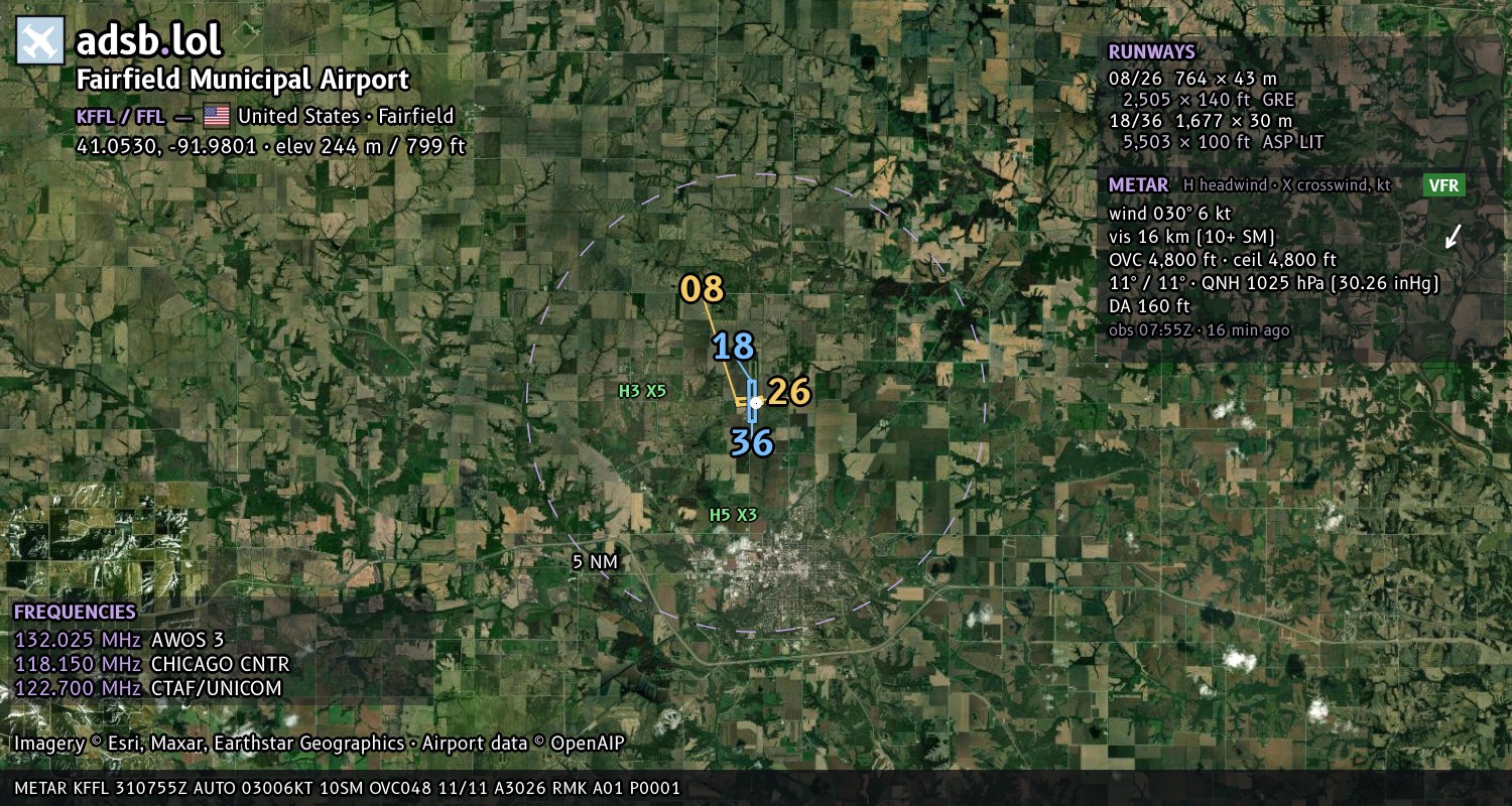 Satellite map with the runway layout of Fairfield Municipal Airport (KFFL)