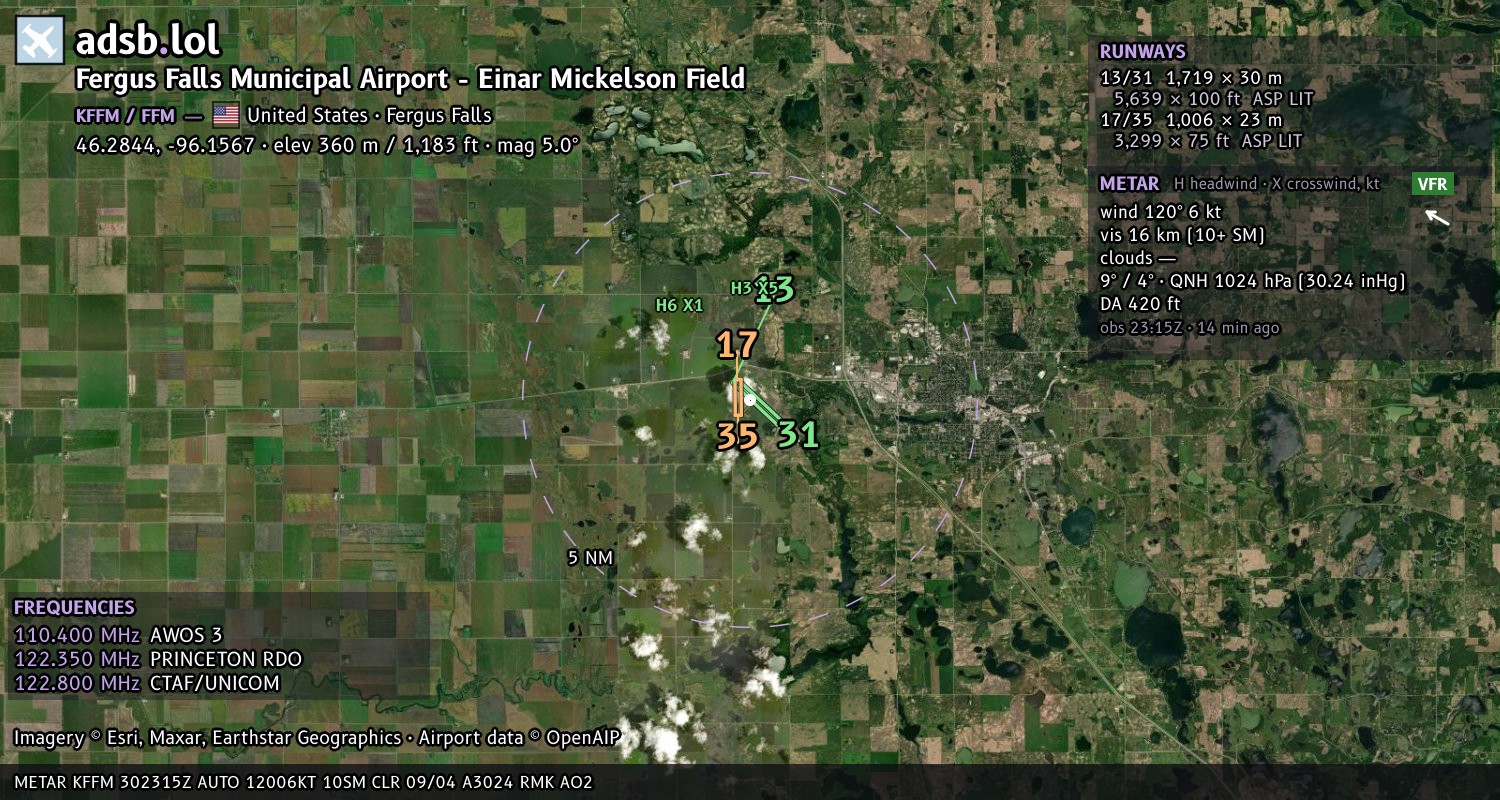 Satellite map with the runway layout of Fergus Falls Municipal Airport - Einar Mickelson Field (KFFM)