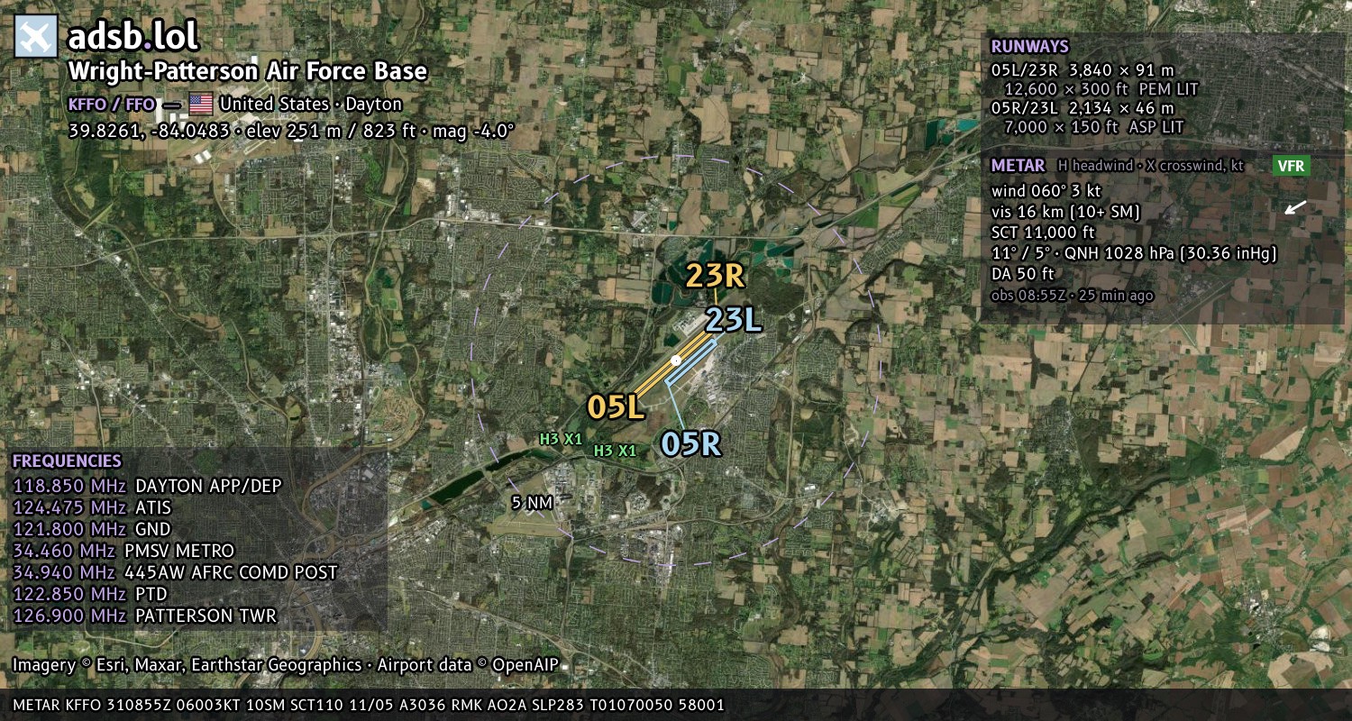 Satellite map with the runway layout of Wright-Patterson Air Force Base (KFFO)