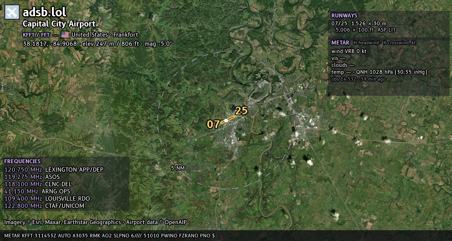 Satellite map with the runway layout of Capital City Airport (KFFT)