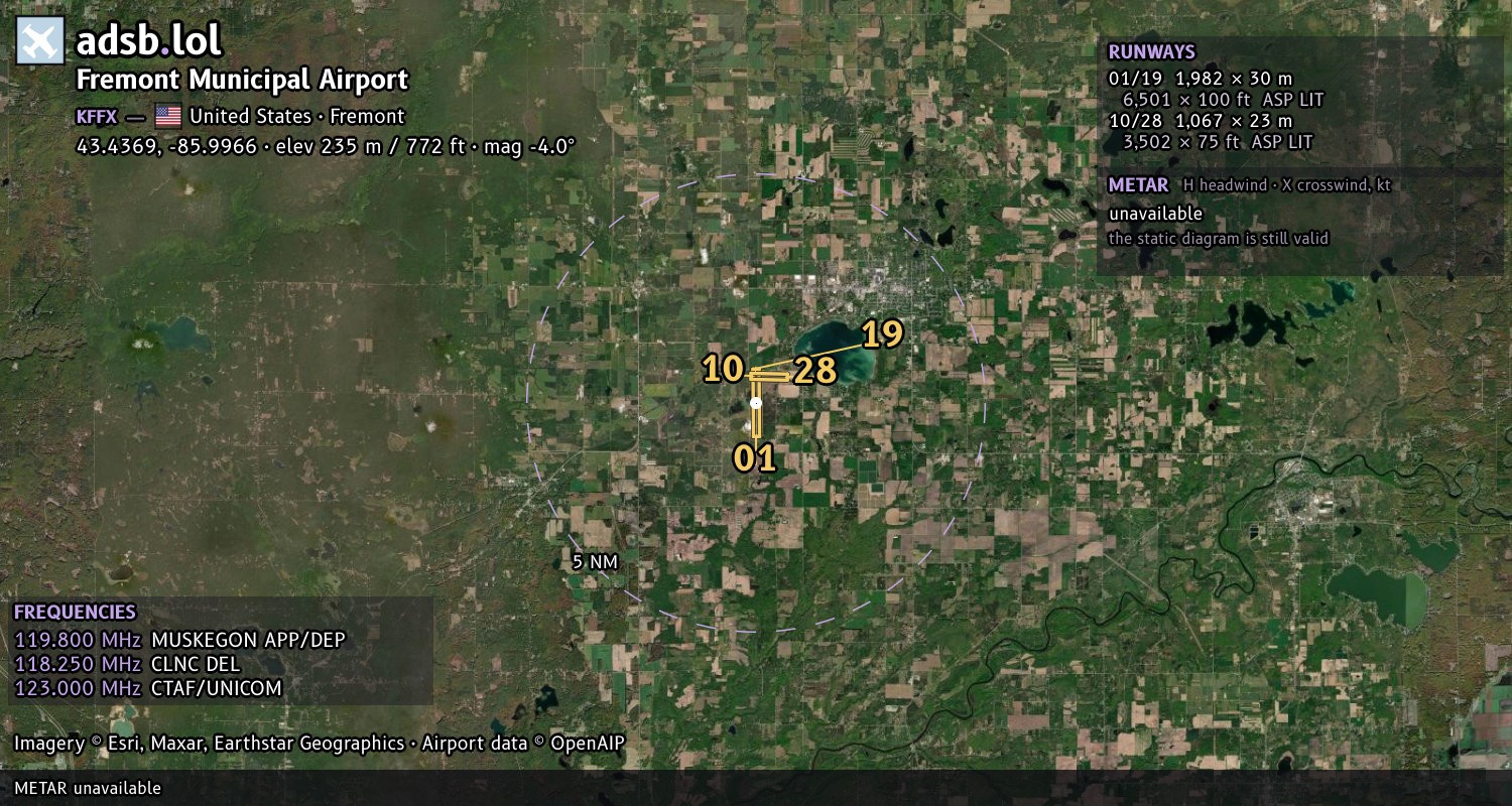 Satellite map with the runway layout of Fremont Municipal Airport (KFFX)