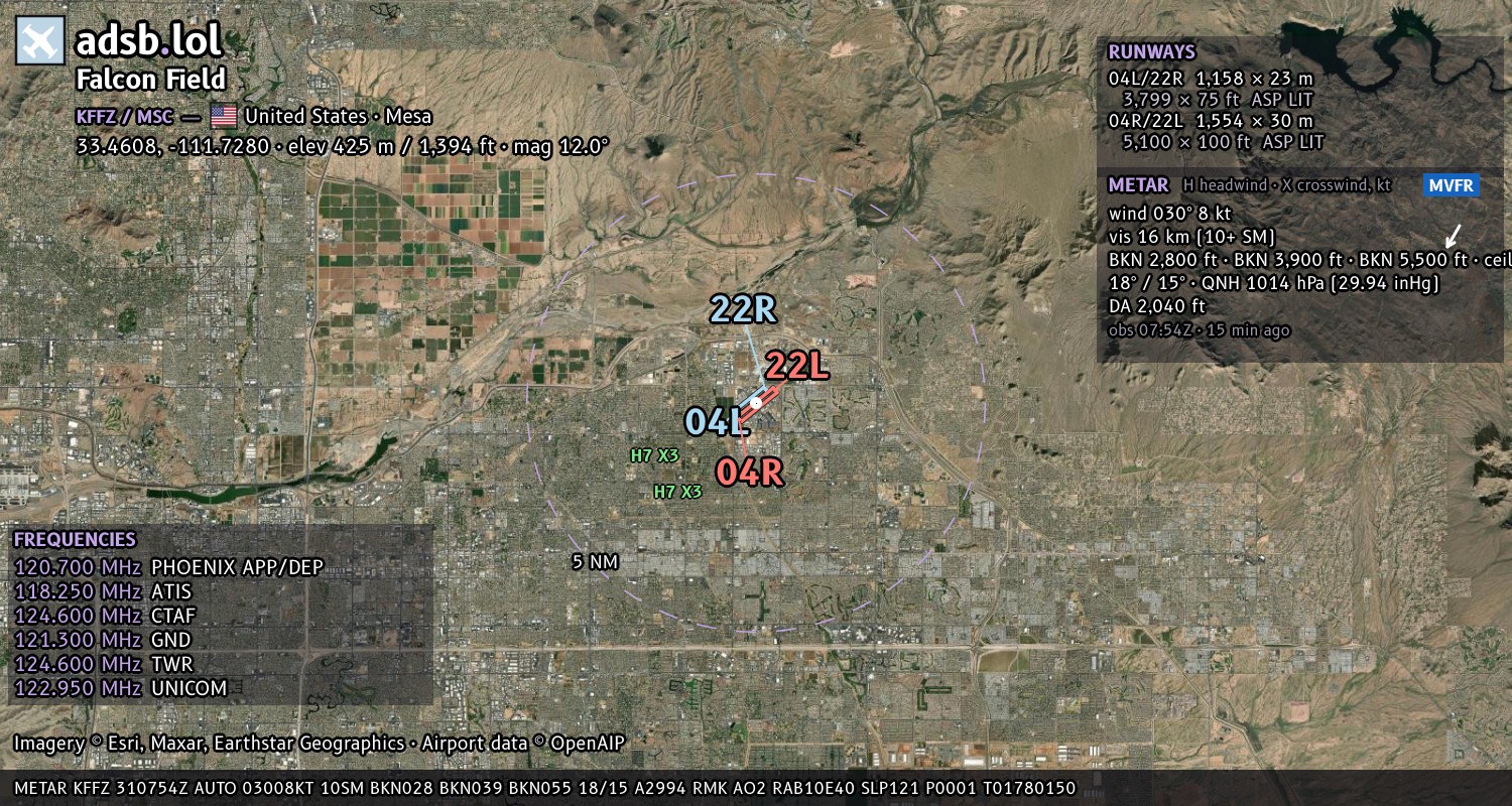 Satellite map with the runway layout of Falcon Field (KFFZ)