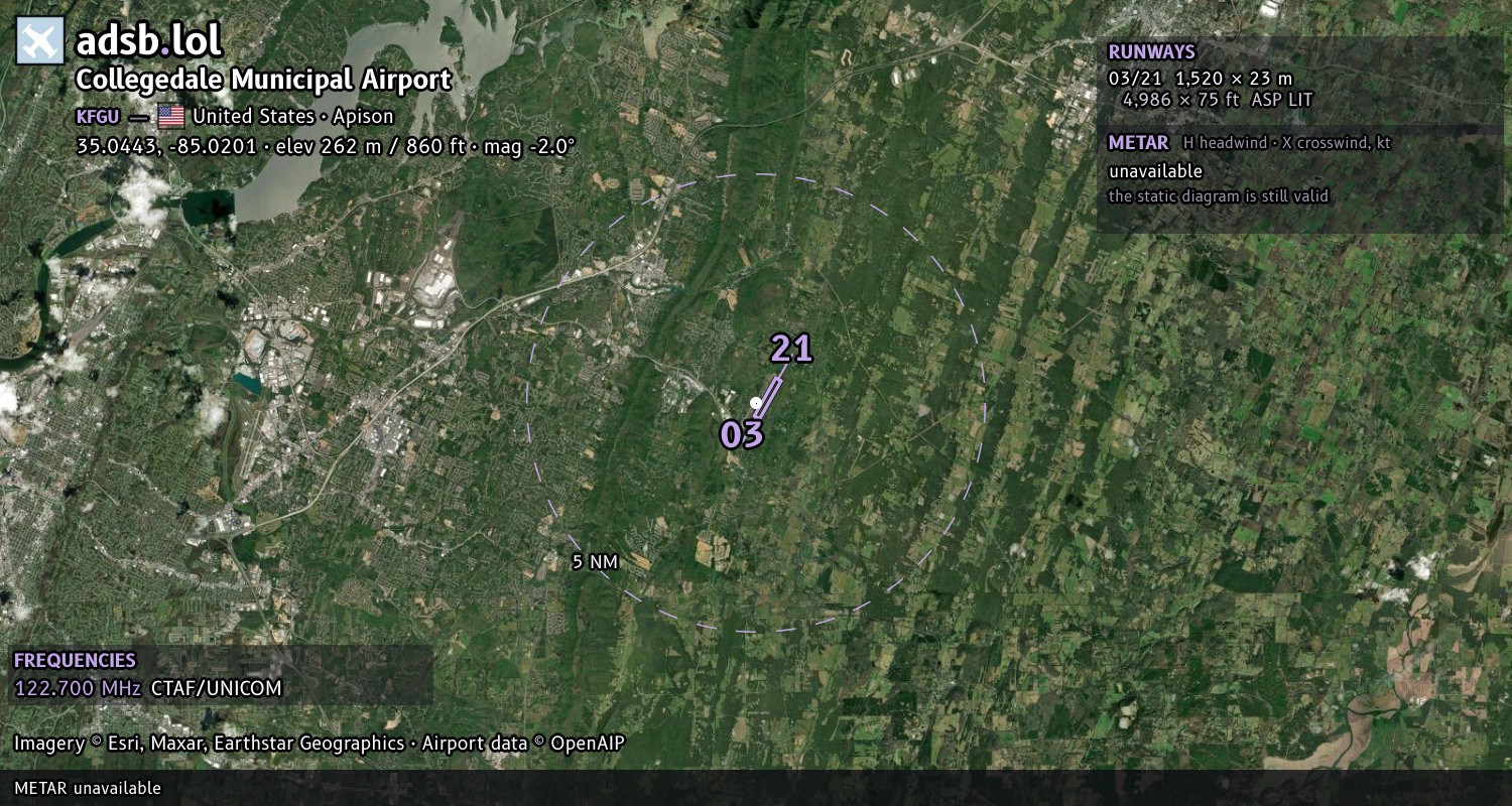 Satellite map with the runway layout of Collegedale Municipal Airport (KFGU)