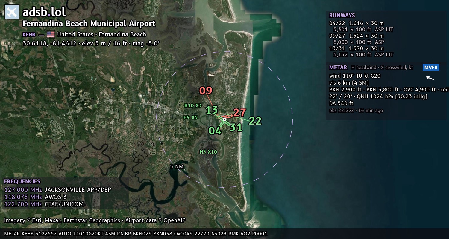 Satellite map with the runway layout of Fernandina Beach Municipal Airport (KFHB)