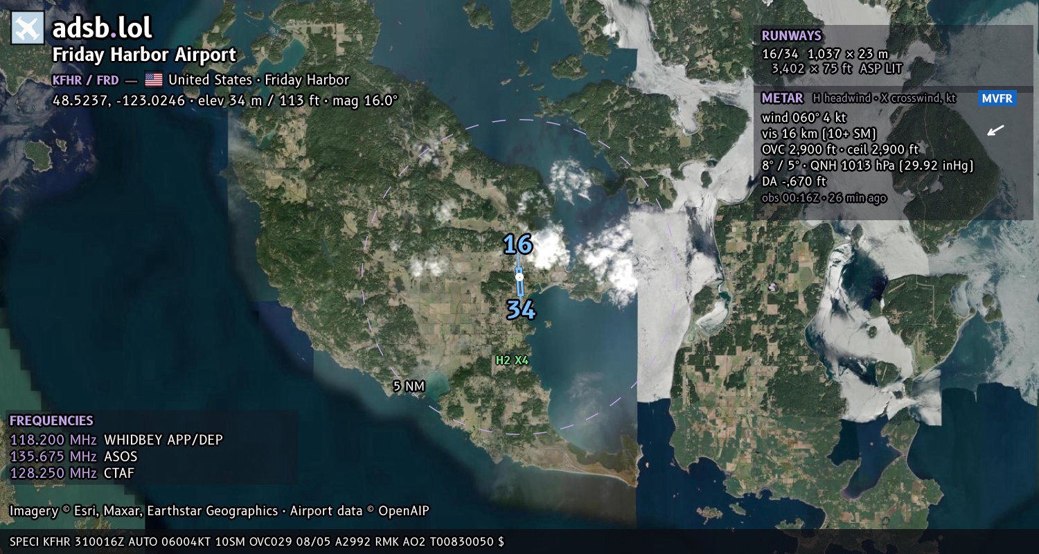 Satellite map with the runway layout of Friday Harbor Airport (KFHR)