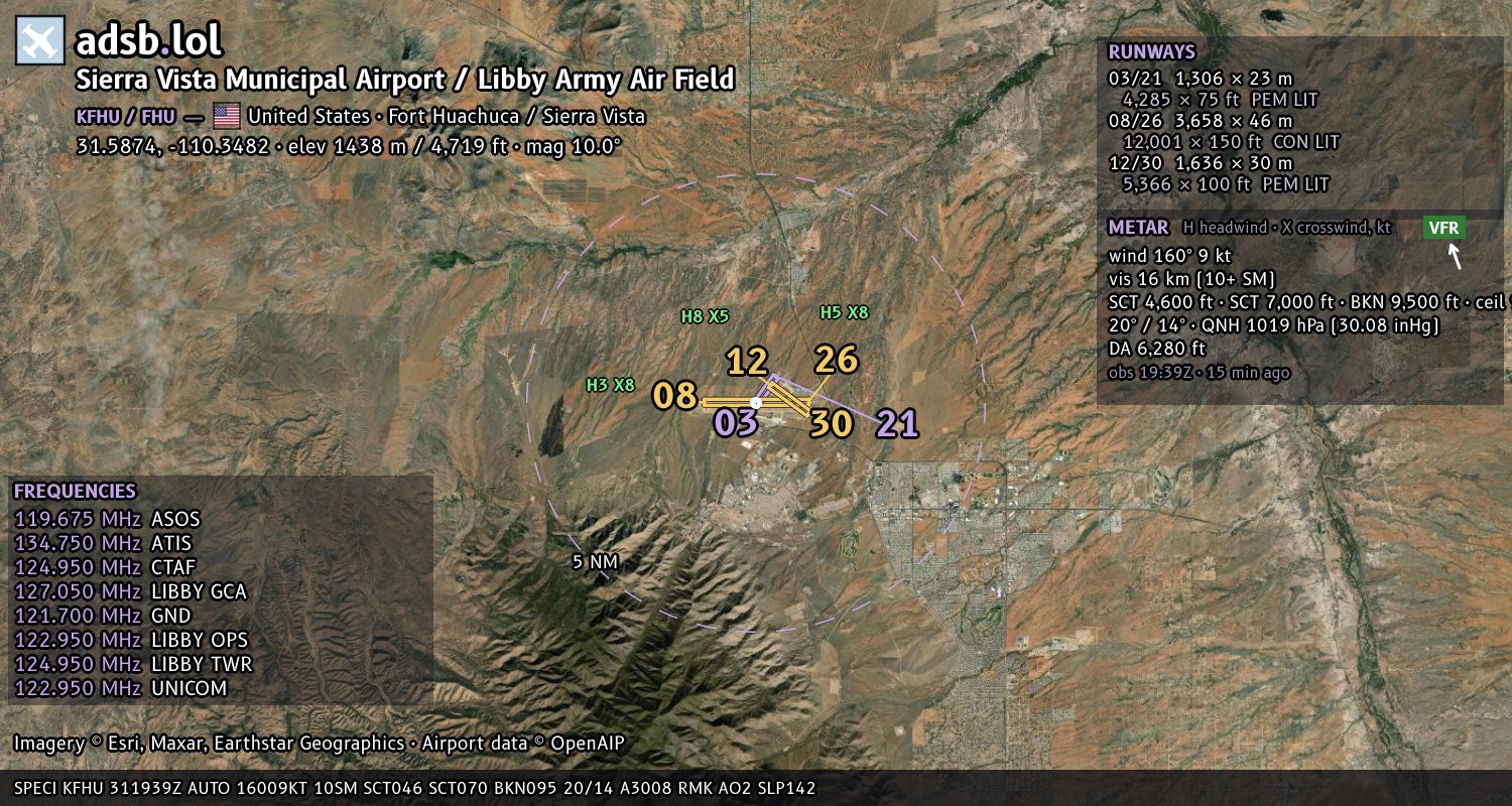 Satellite map with the runway layout of Sierra Vista Municipal Airport / Libby Army Air Field (KFHU)