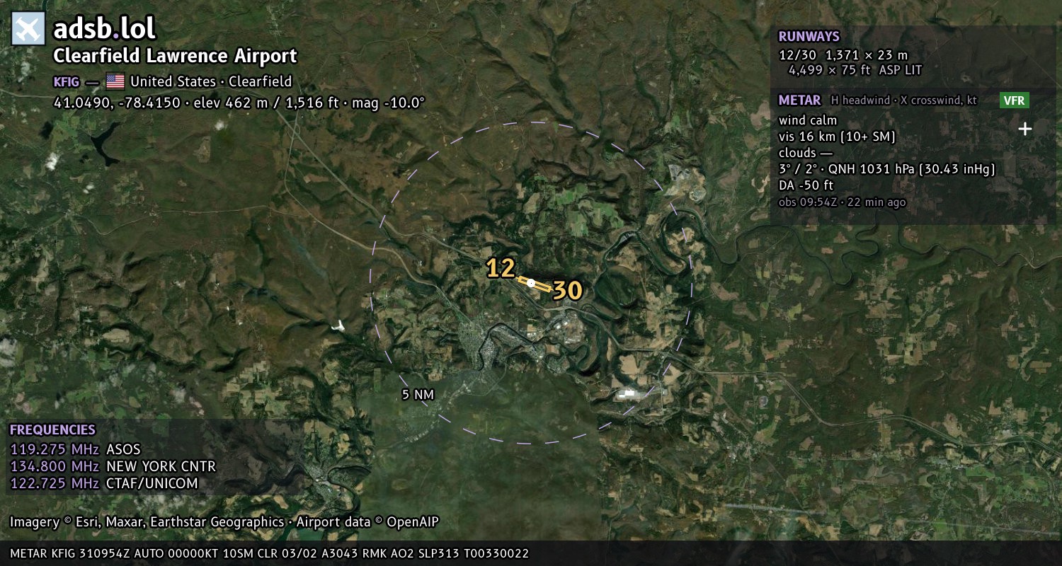 Satellite map with the runway layout of Clearfield Lawrence Airport (KFIG)