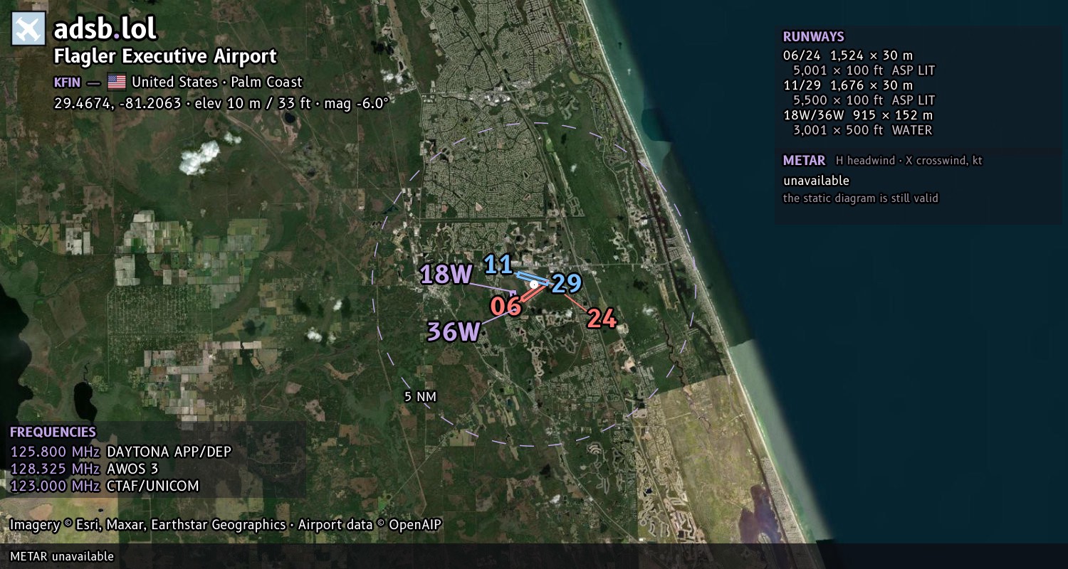 Satellite map with the runway layout of Flagler Executive Airport (KFIN)