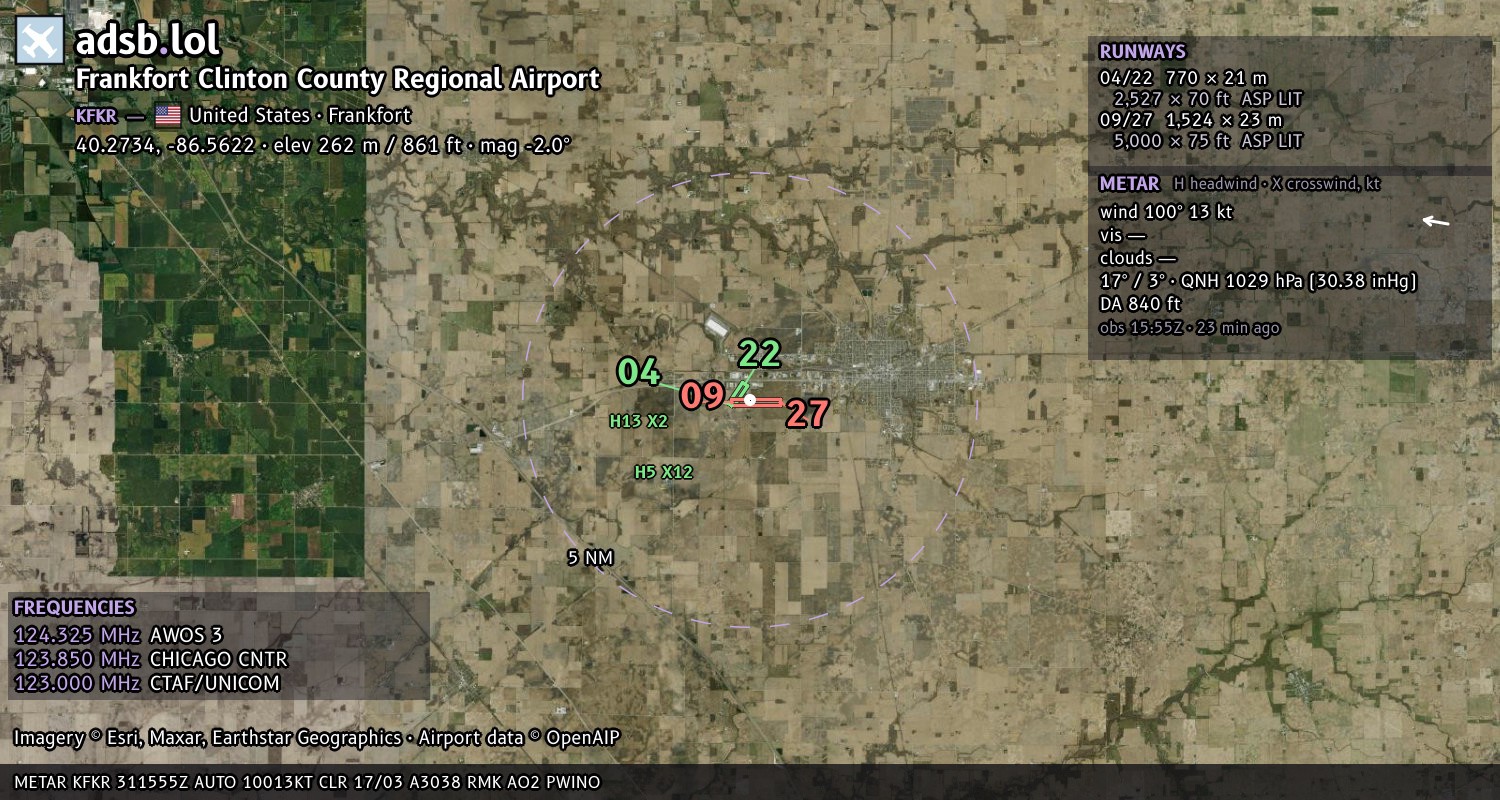 Satellite map with the runway layout of Frankfort Clinton County Regional Airport (KFKR)