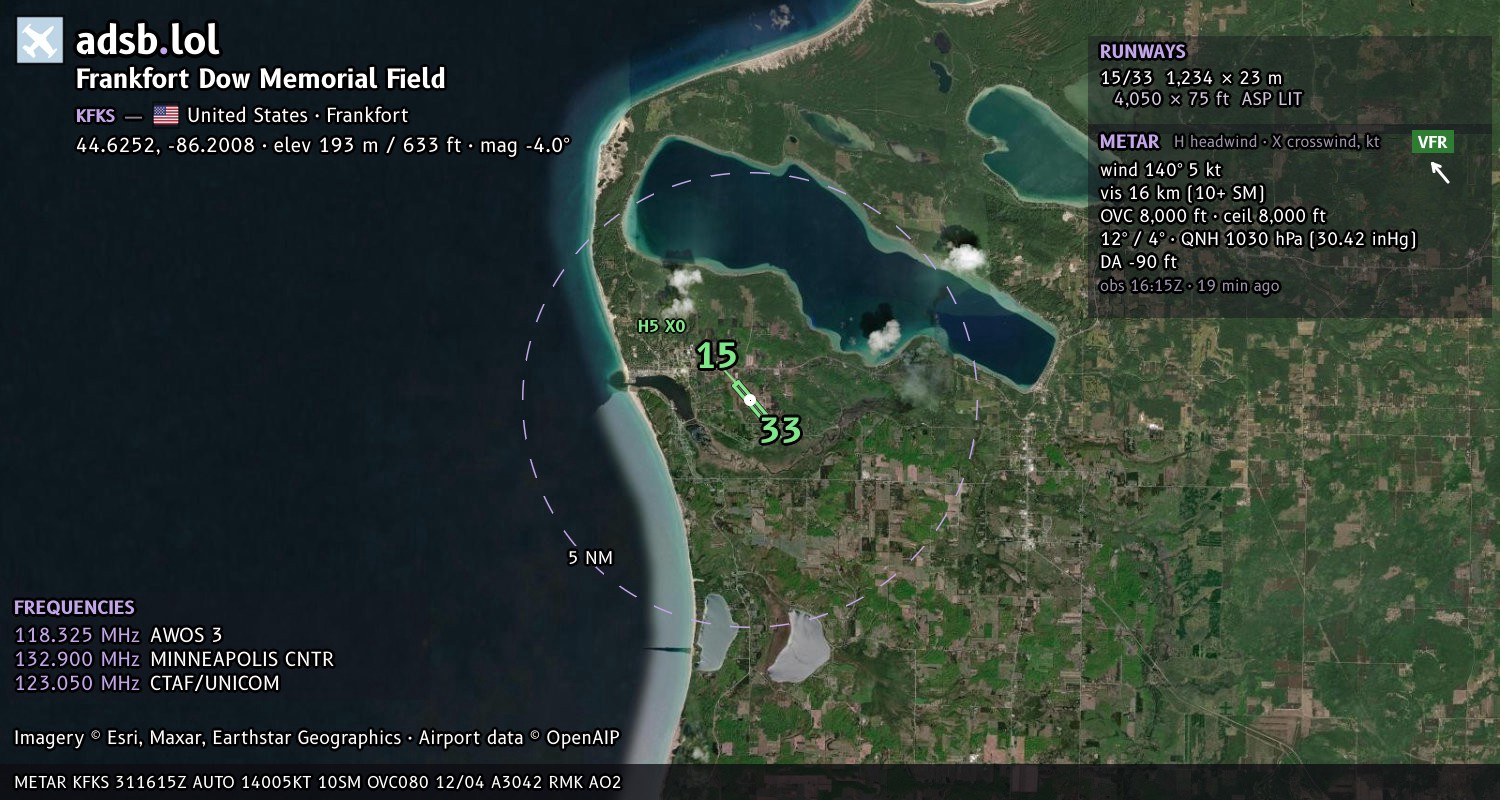 Satellite map with the runway layout of Frankfort Dow Memorial Field (KFKS)