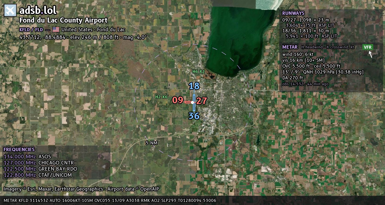 Satellite map with the runway layout of Fond du Lac County Airport (KFLD)