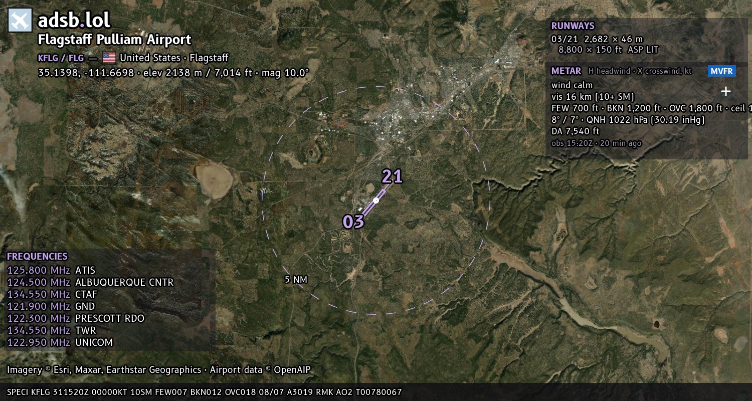 Satellite map with the runway layout of Flagstaff Pulliam Airport (KFLG)