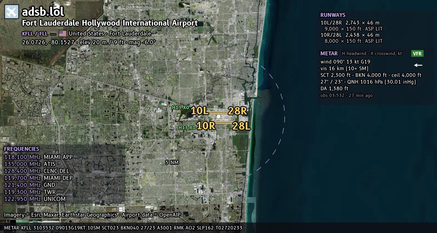 Satellite map with the runway layout of Fort Lauderdale Hollywood International Airport (KFLL)