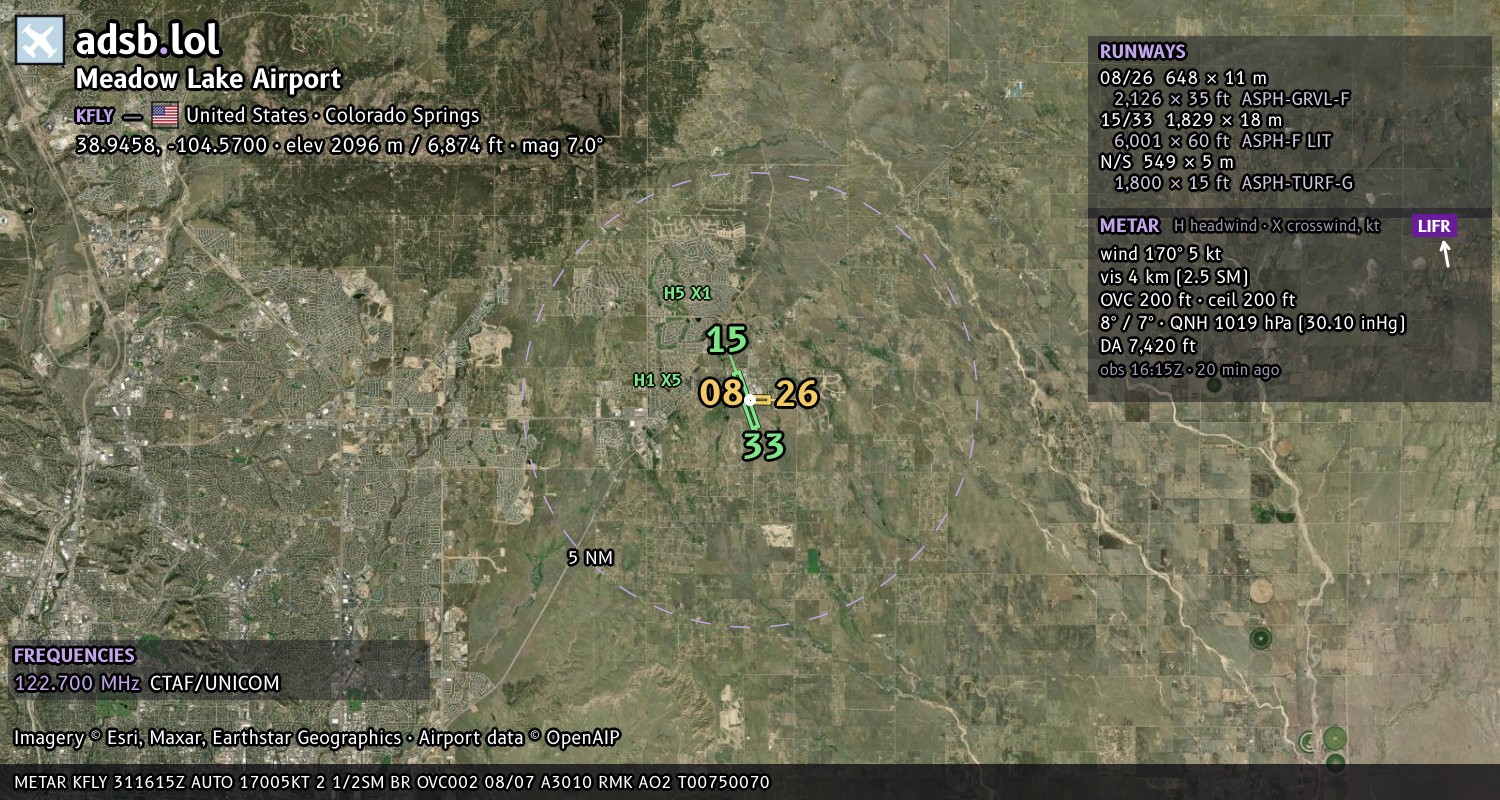 Satellite map with the runway layout of Meadow Lake Airport (KFLY)