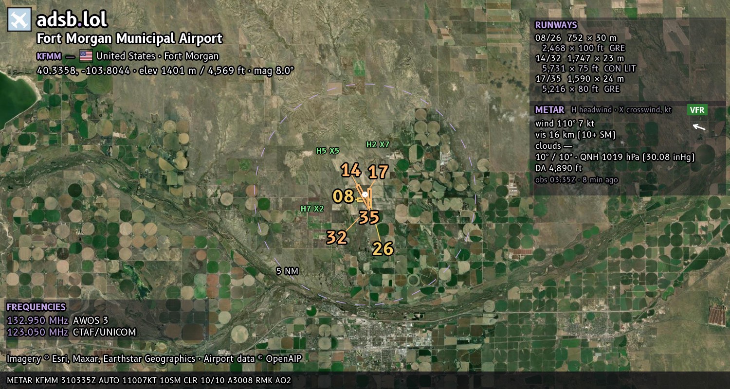 Satellite map with the runway layout of Fort Morgan Municipal Airport (KFMM)