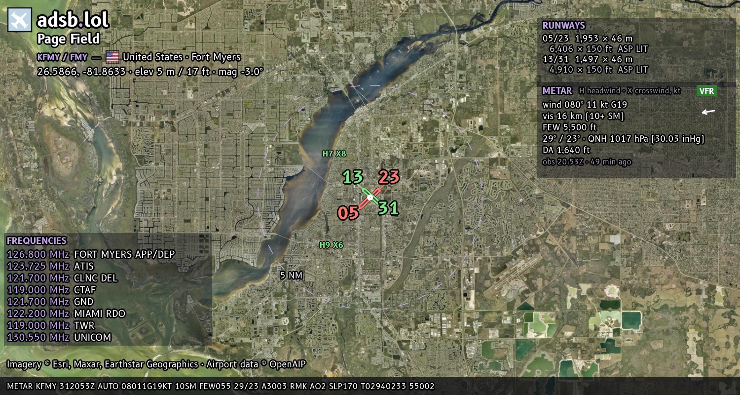 Satellite map with the runway layout of Page Field (KFMY)