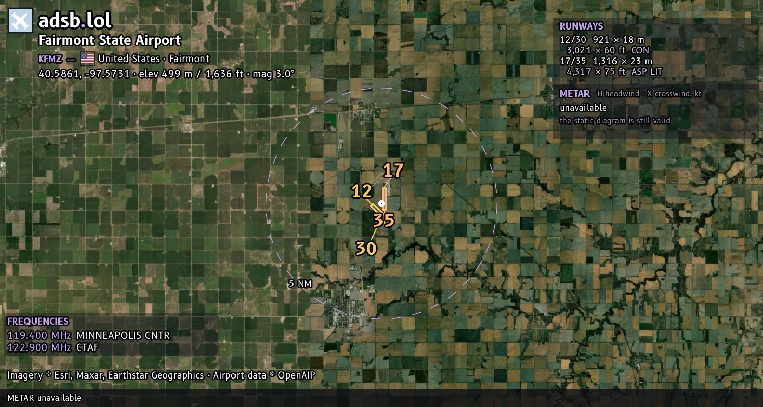 Satellite map with the runway layout of Fairmont State Airport (KFMZ)