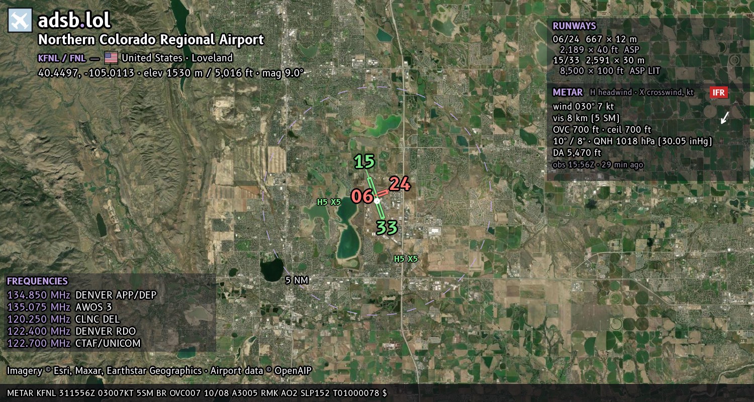 Satellite map with the runway layout of Northern Colorado Regional Airport (KFNL)
