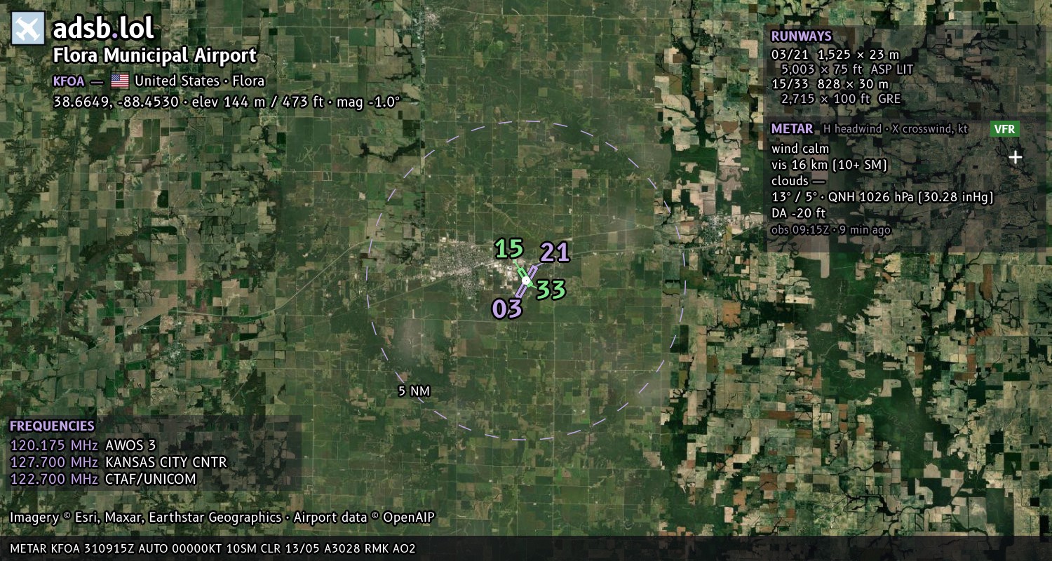 Satellite map with the runway layout of Flora Municipal Airport (KFOA)