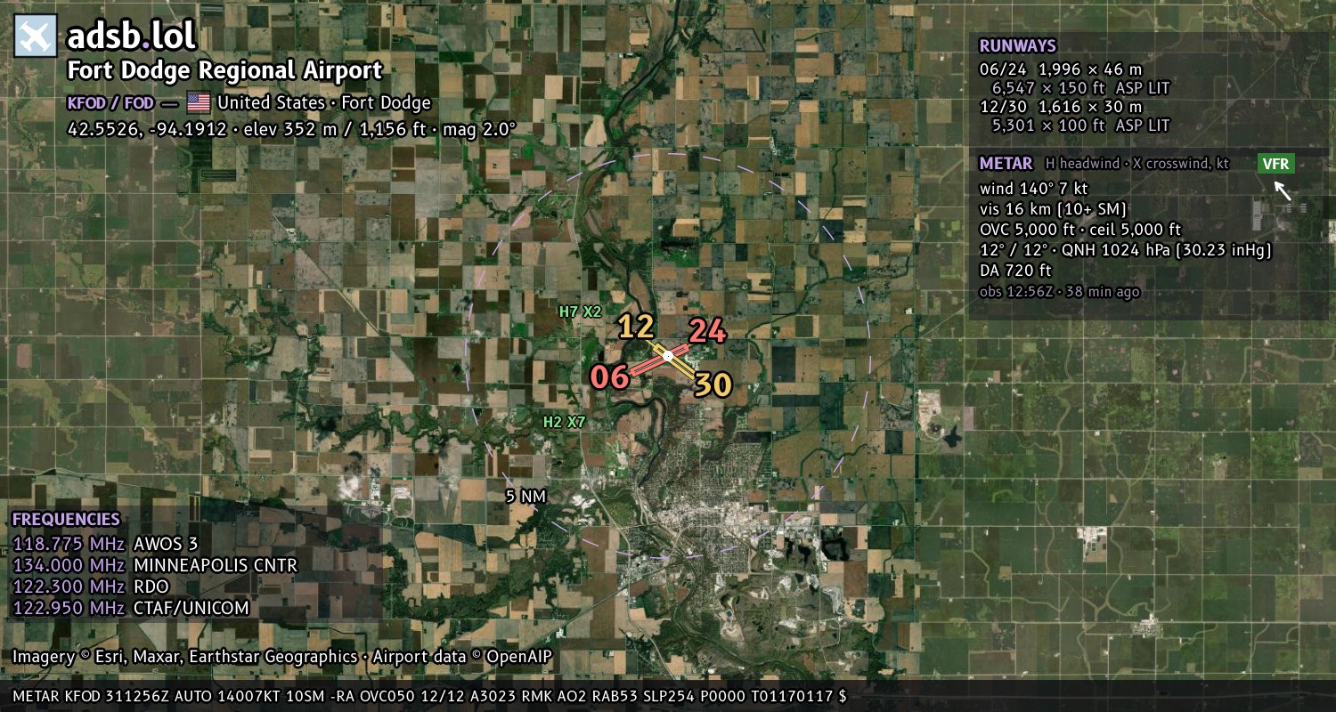 Satellite map with the runway layout of Fort Dodge Regional Airport (KFOD)