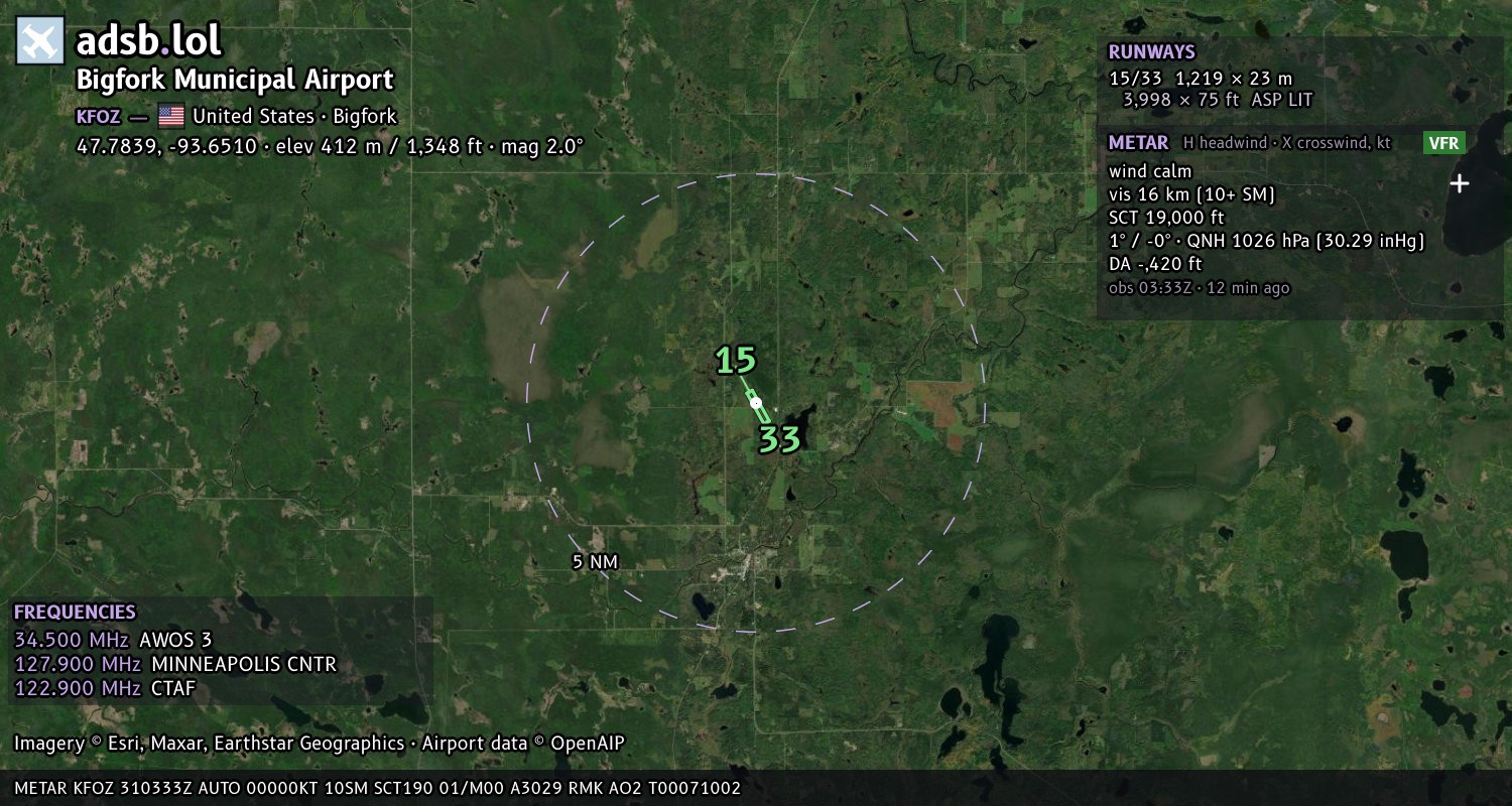 Satellite map with the runway layout of Bigfork Municipal Airport (KFOZ)