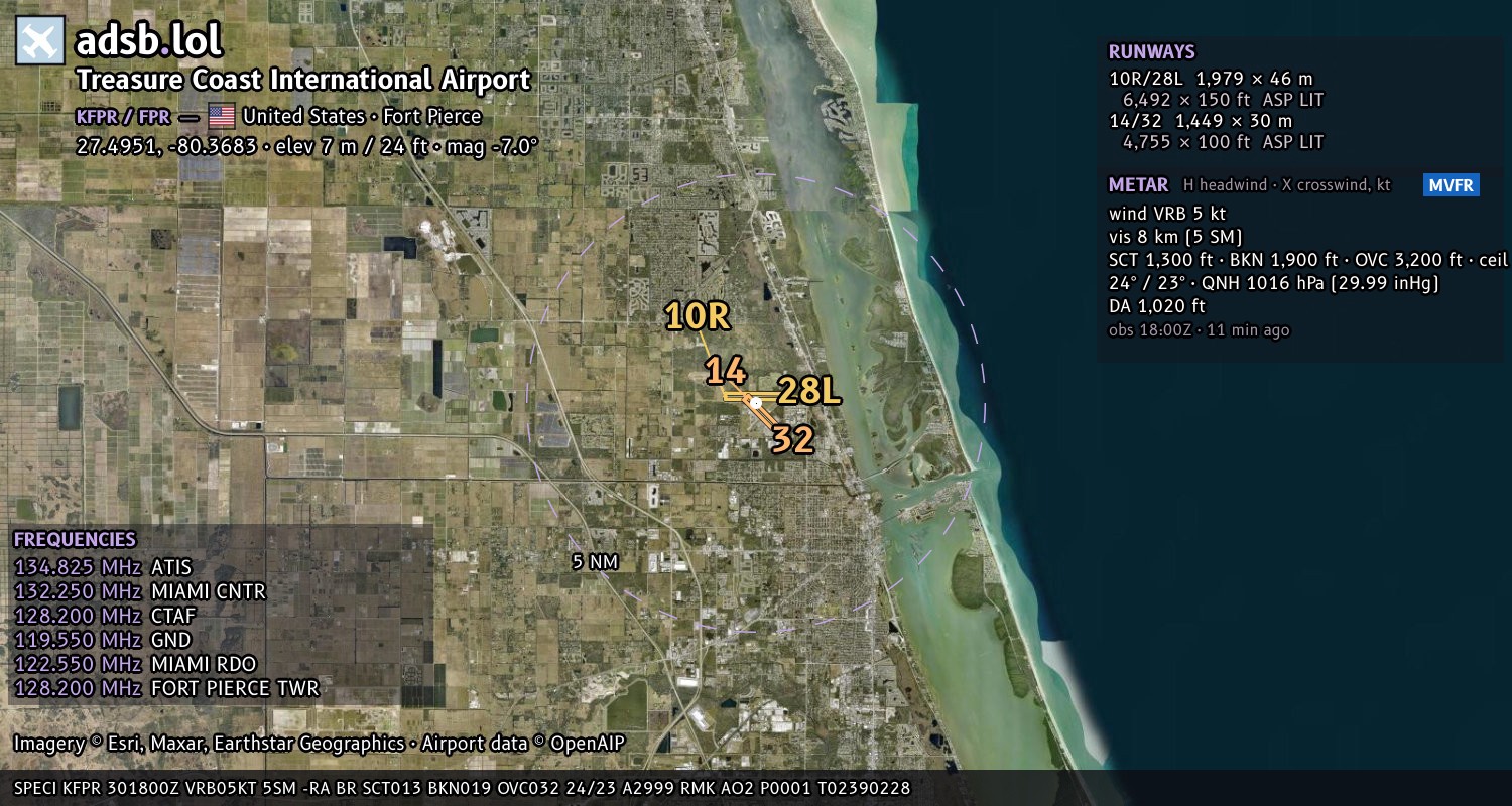 Satellite map with the runway layout of Treasure Coast International Airport (KFPR)