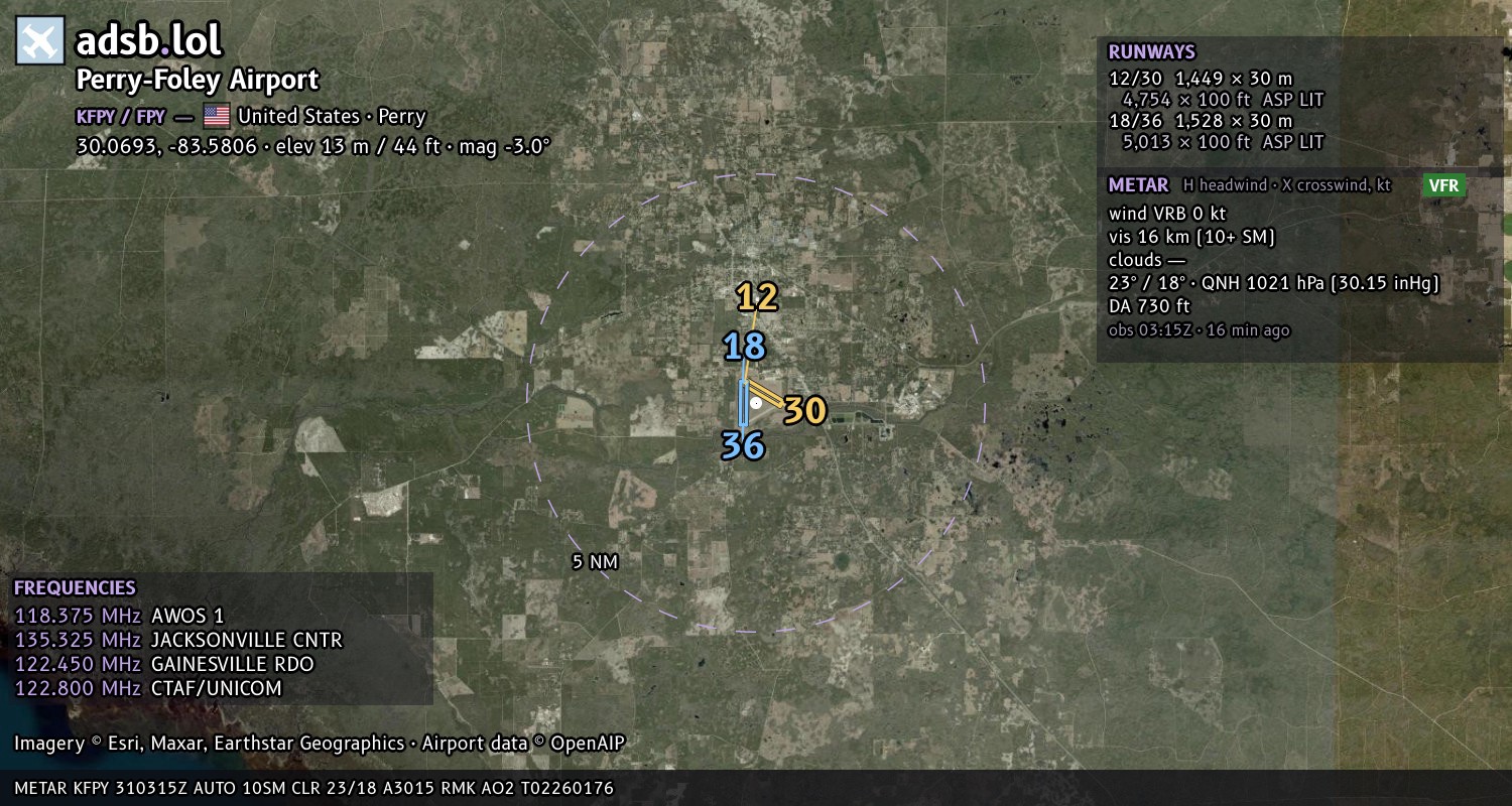 Satellite map with the runway layout of Perry-Foley Airport (KFPY)