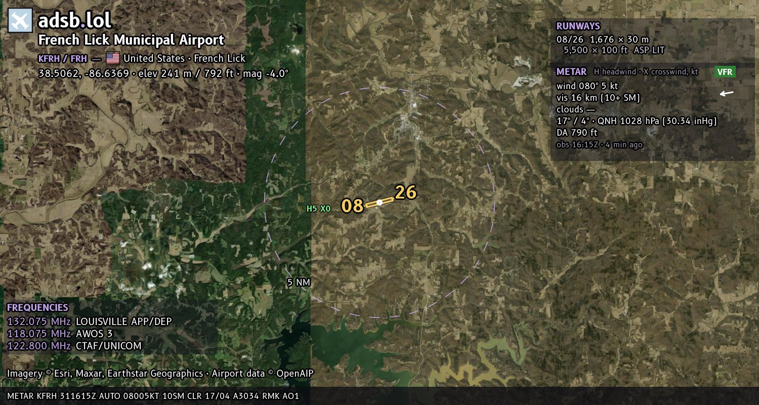 Satellite map with the runway layout of French Lick Municipal Airport (KFRH)