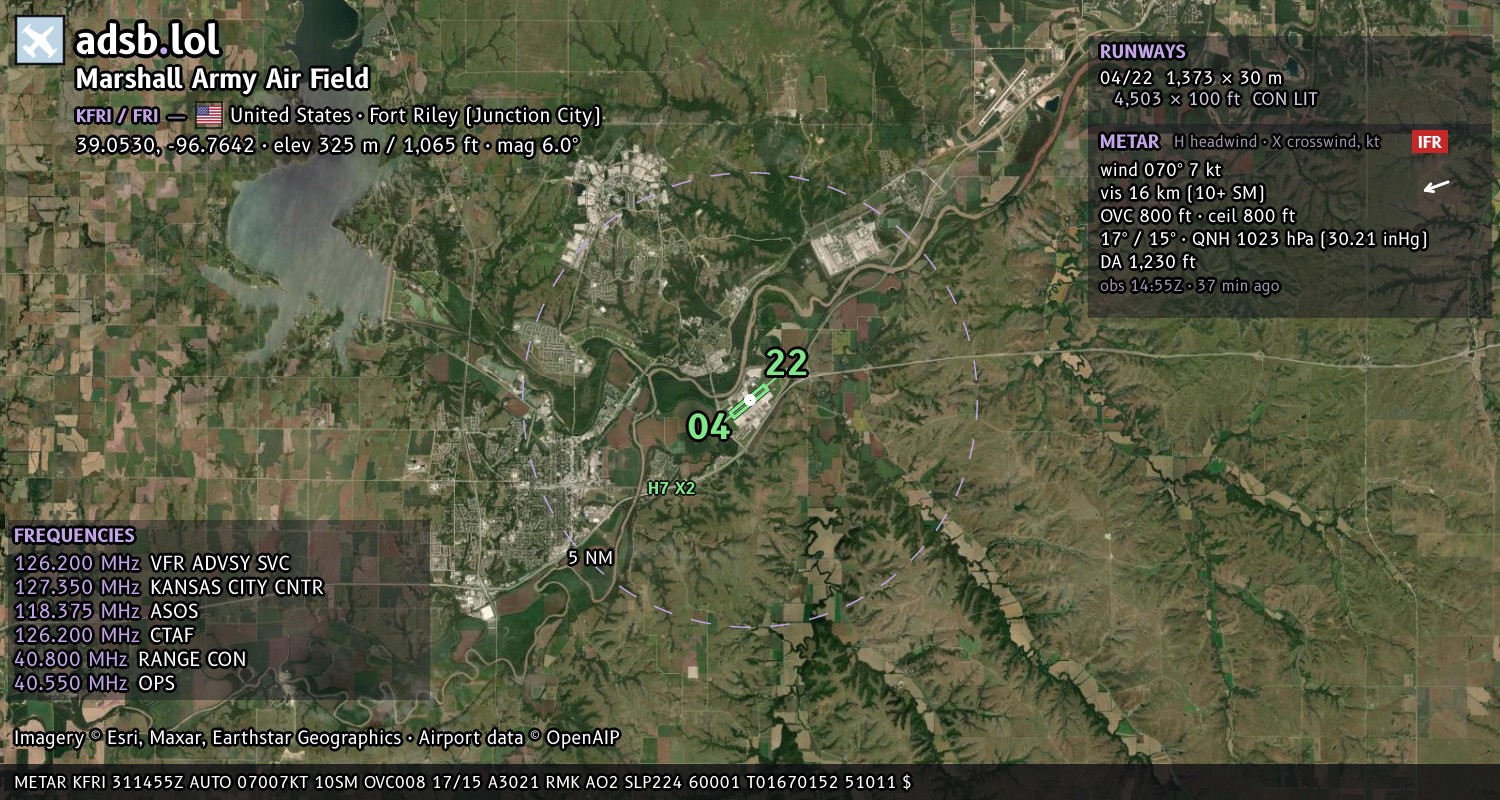 Satellite map with the runway layout of Marshall Army Air Field (KFRI)