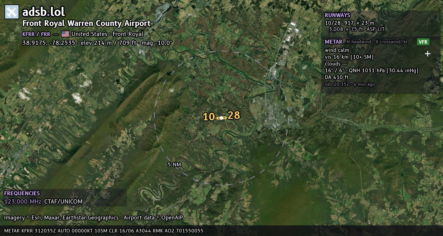 Satellite map with the runway layout of Front Royal Warren County Airport (KFRR)