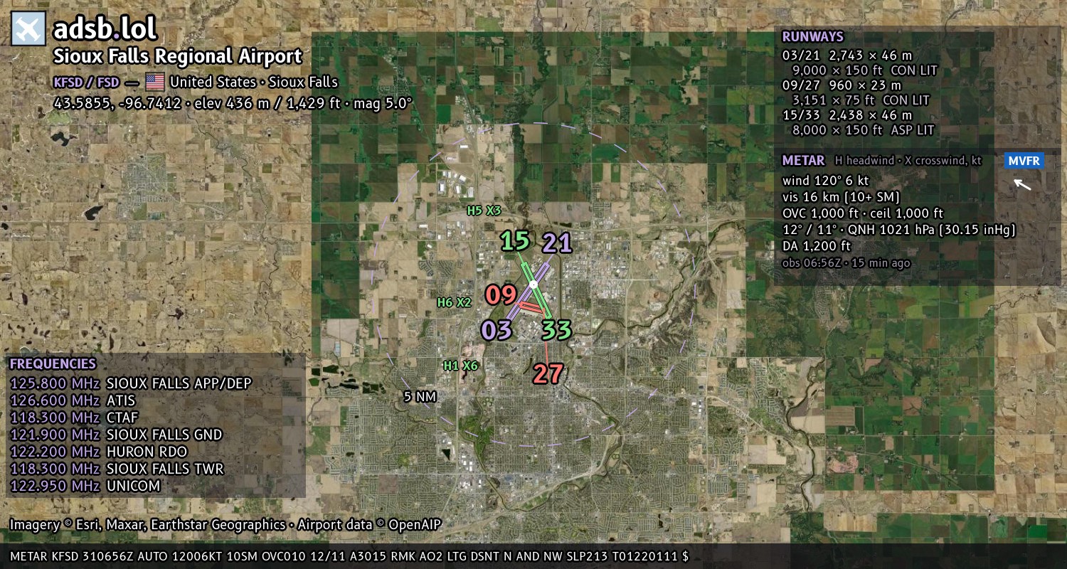Satellite map with the runway layout of Sioux Falls Regional Airport (KFSD)