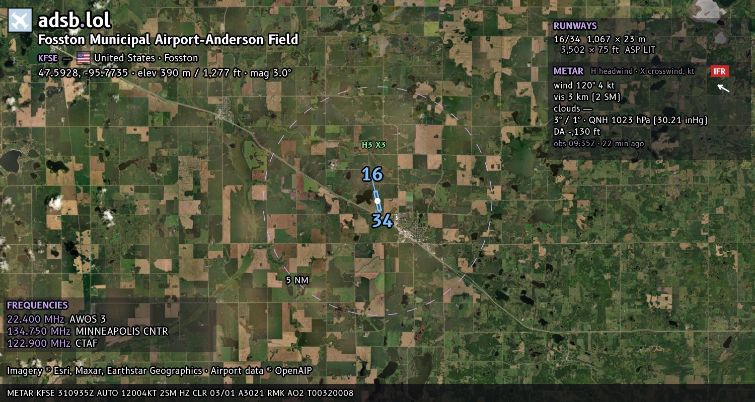 Satellite map with the runway layout of Fosston Municipal Airport-Anderson Field (KFSE)