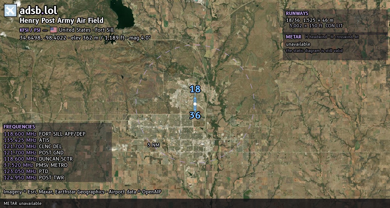 Satellite map with the runway layout of Henry Post Army Air Field (KFSI)