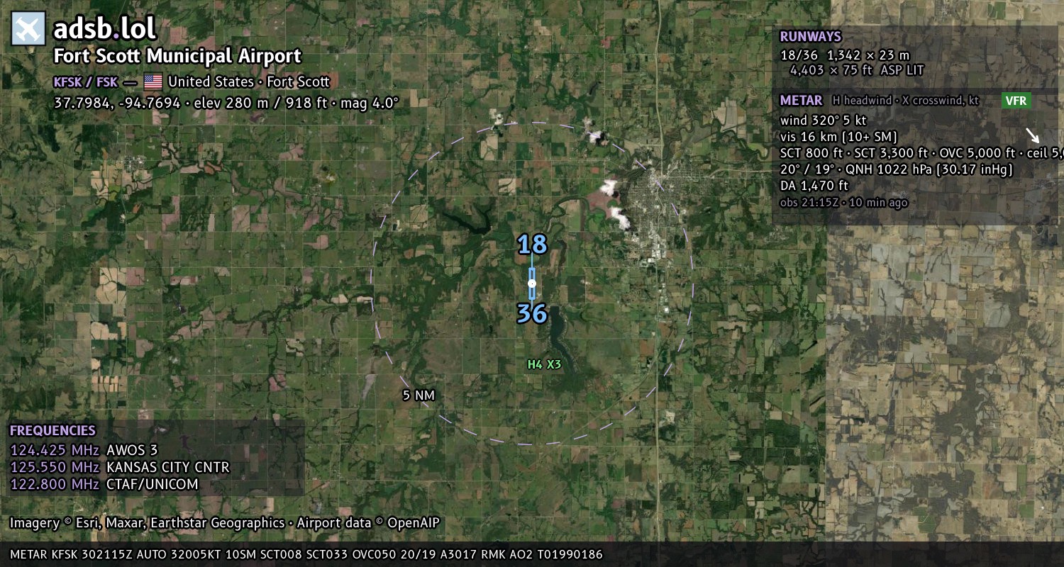 Satellite map with the runway layout of Fort Scott Municipal Airport (KFSK)